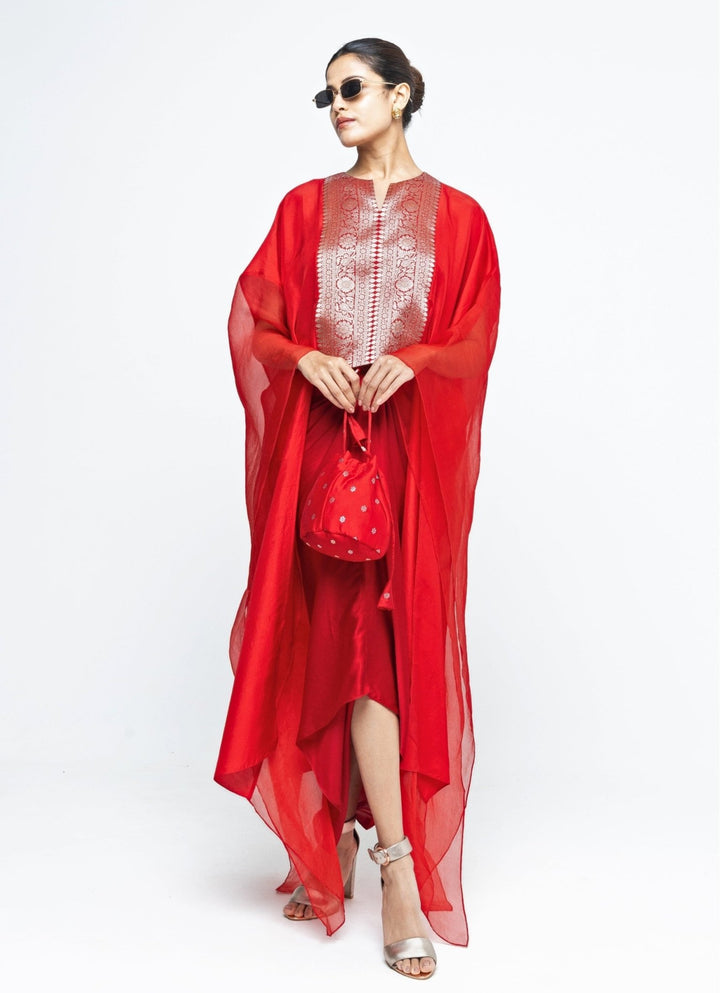 Red Asymmetrical Tie Dress With Brocade Silk Cape Sobariko - Fabilicious Fashion