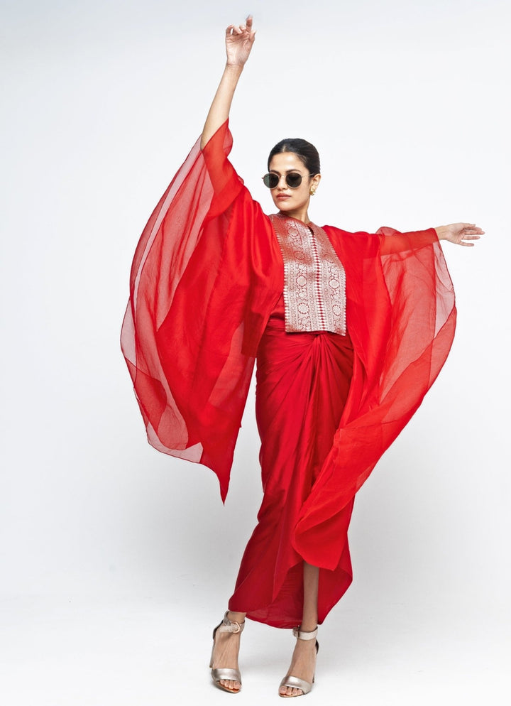 Red Asymmetrical Tie Dress With Brocade Silk Cape Sobariko - Fabilicious Fashion