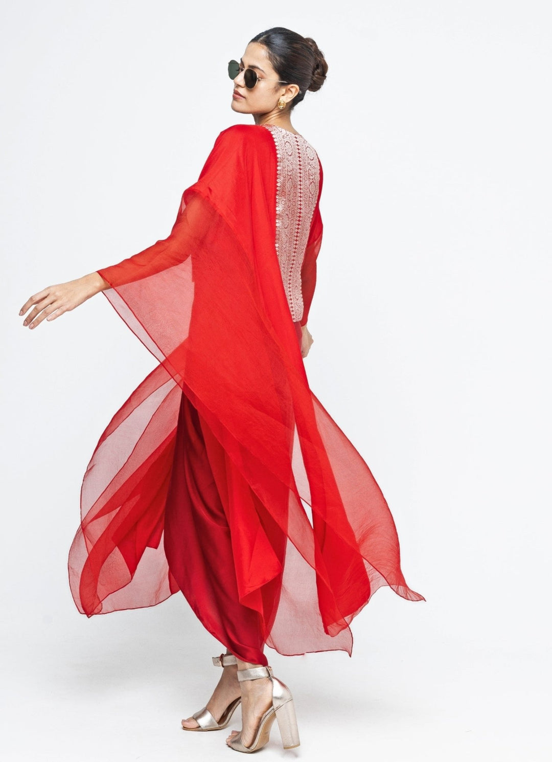 Red Asymmetrical Tie Dress With Brocade Silk Cape Sobariko - Fabilicious Fashion
