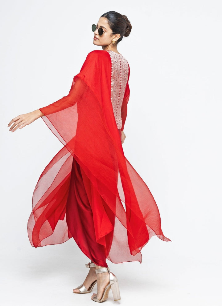 Red Asymmetrical Tie Dress With Brocade Silk Cape Sobariko - Fabilicious Fashion