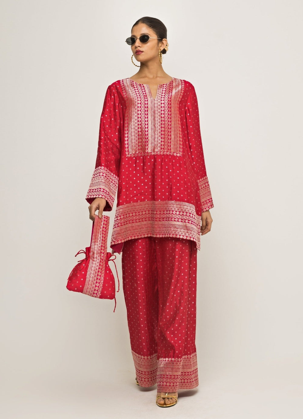 Red Banarasi Dotted Silk Kurta Pants Set Sobariko - Fabilicious Fashion