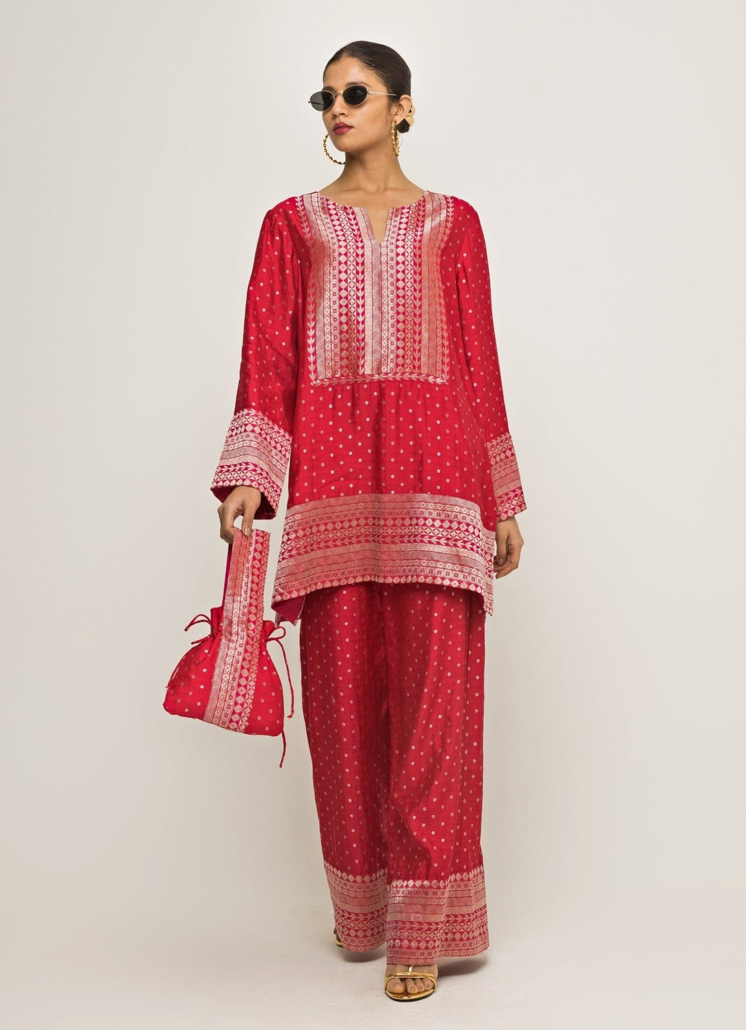Red Banarasi Dotted Silk Kurta Pants Set Sobariko - Fabilicious Fashion