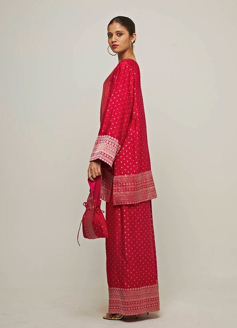 Red Banarasi Dotted Silk Kurta Pants Set Sobariko - Fabilicious Fashion
