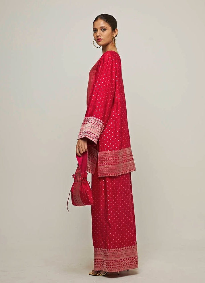 Red Banarasi Dotted Silk Kurta Pants Set Sobariko - Fabilicious Fashion