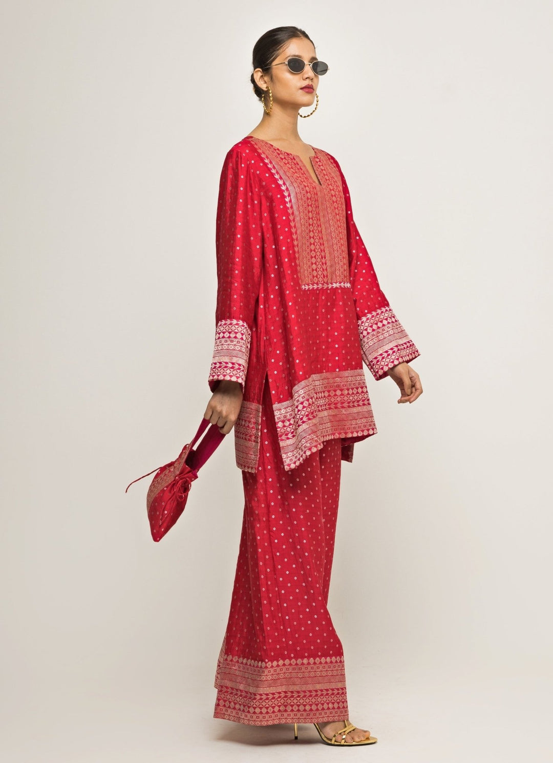 Red Banarasi Dotted Silk Kurta Pants Set Sobariko - Fabilicious Fashion