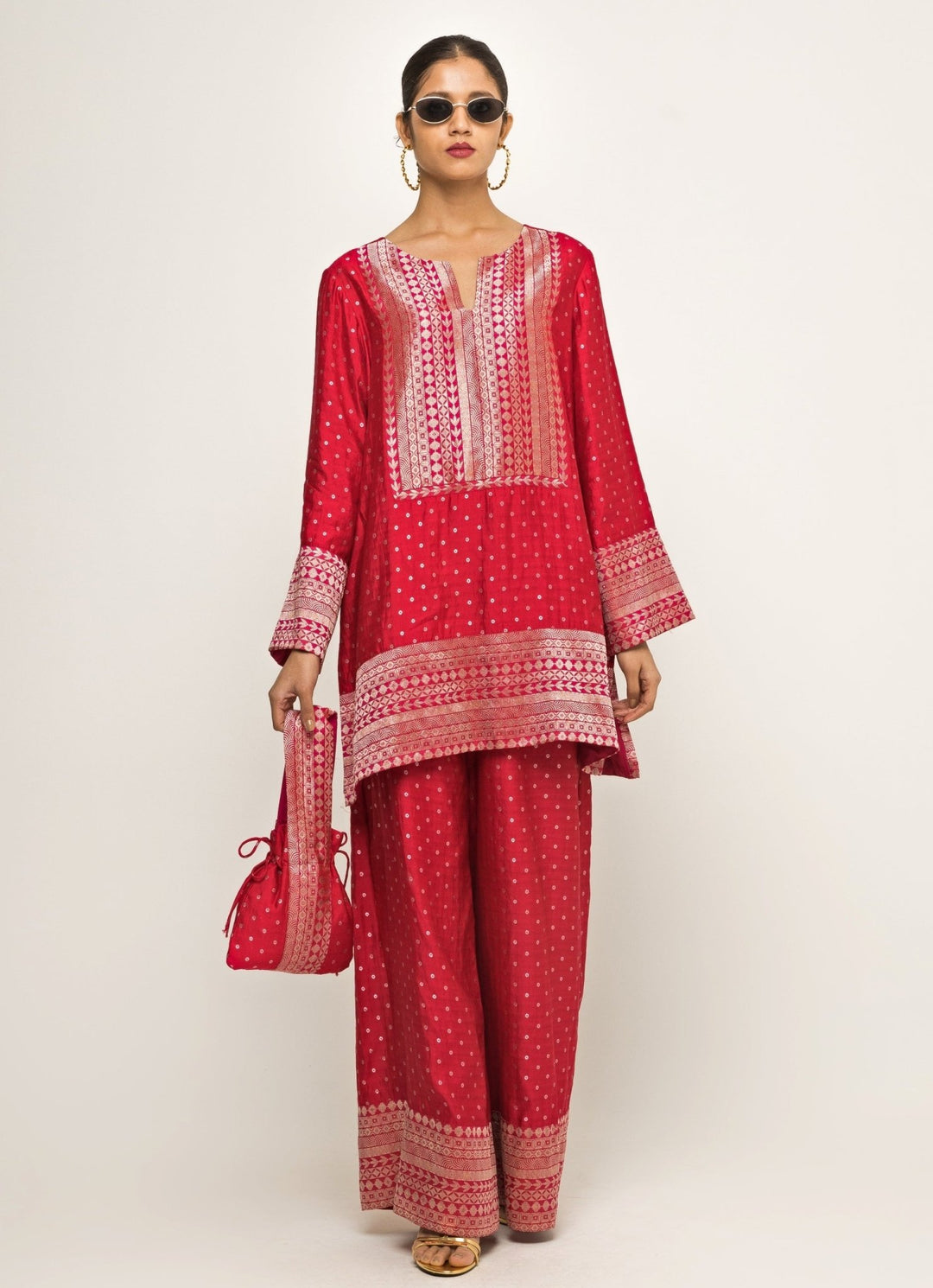 Red Banarasi Dotted Silk Kurta Pants Set Sobariko - Fabilicious Fashion