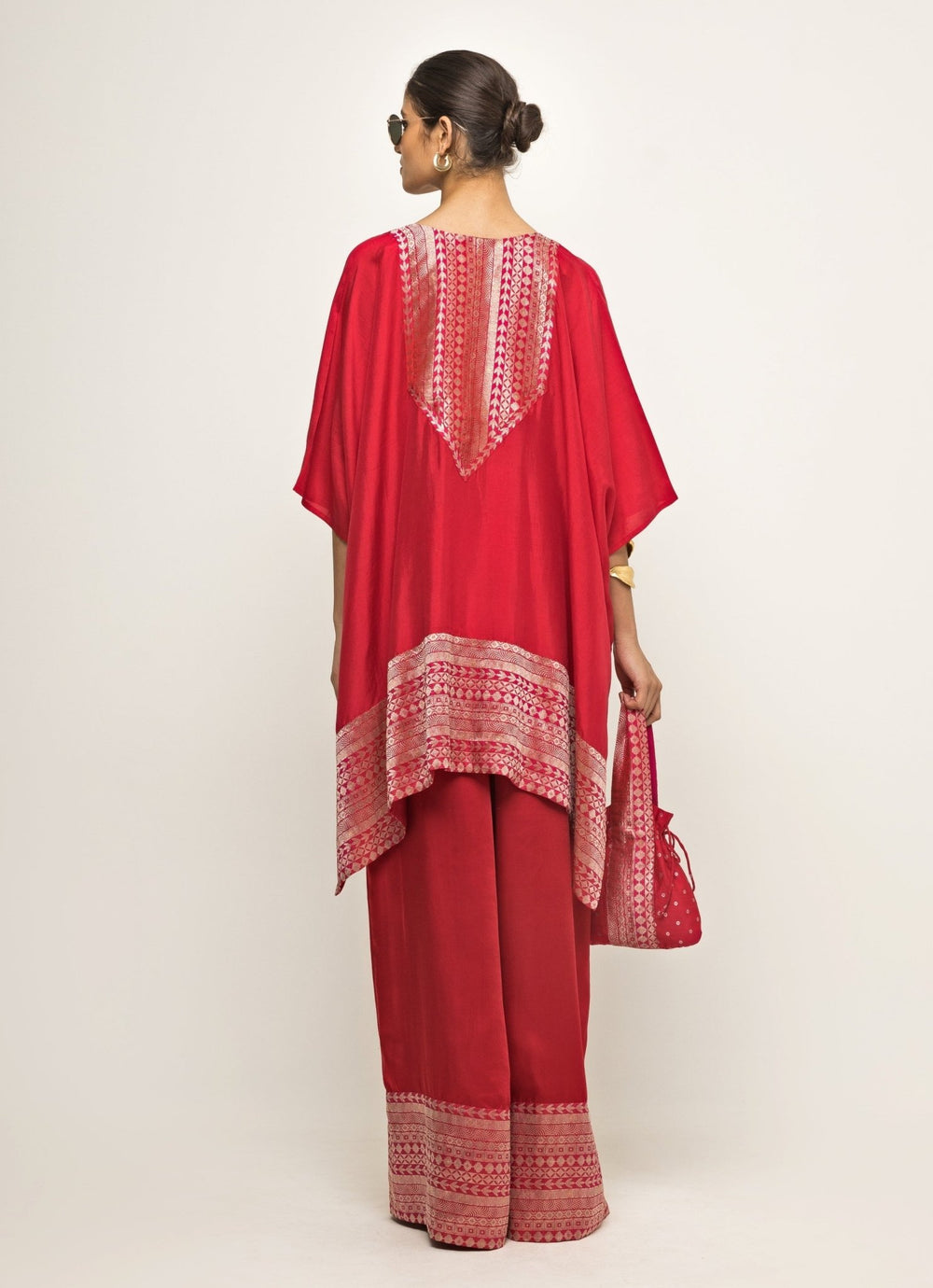 Red Banarasi Silk Asymmetric Kurta Pants Sobariko - Fabilicious Fashion