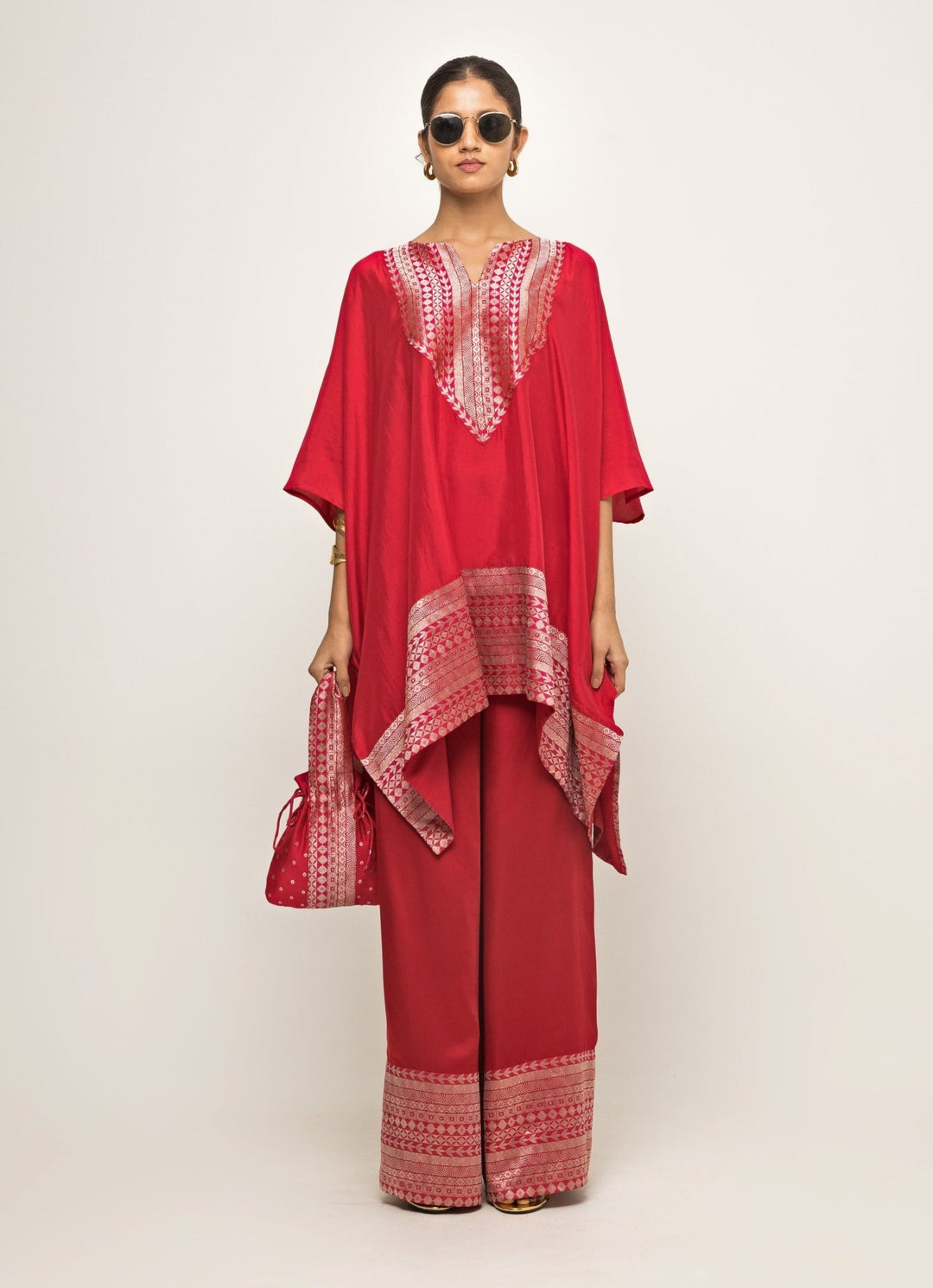 Red Banarasi Silk Asymmetric Kurta Pants Sobariko - Fabilicious Fashion