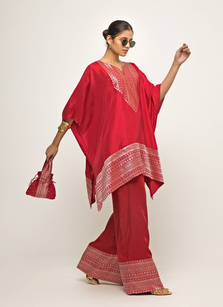 Red Banarasi Silk Asymmetric Kurta Pants Sobariko - Fabilicious Fashion
