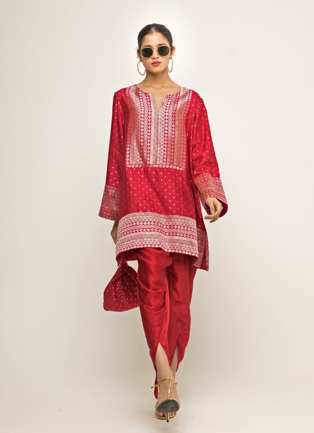 Red Banarasi Silk Kurta Dhoti Set Sobariko - Fabilicious Fashion