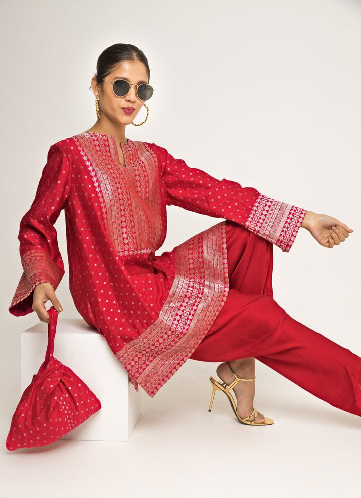 Red Banarasi Silk Kurta Dhoti Set Sobariko - Fabilicious Fashion