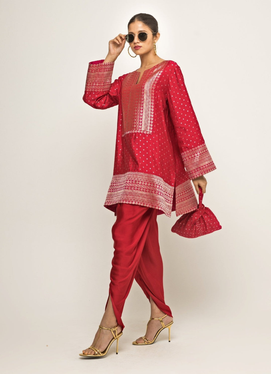 Red Banarasi Silk Kurta Dhoti Set Sobariko - Fabilicious Fashion
