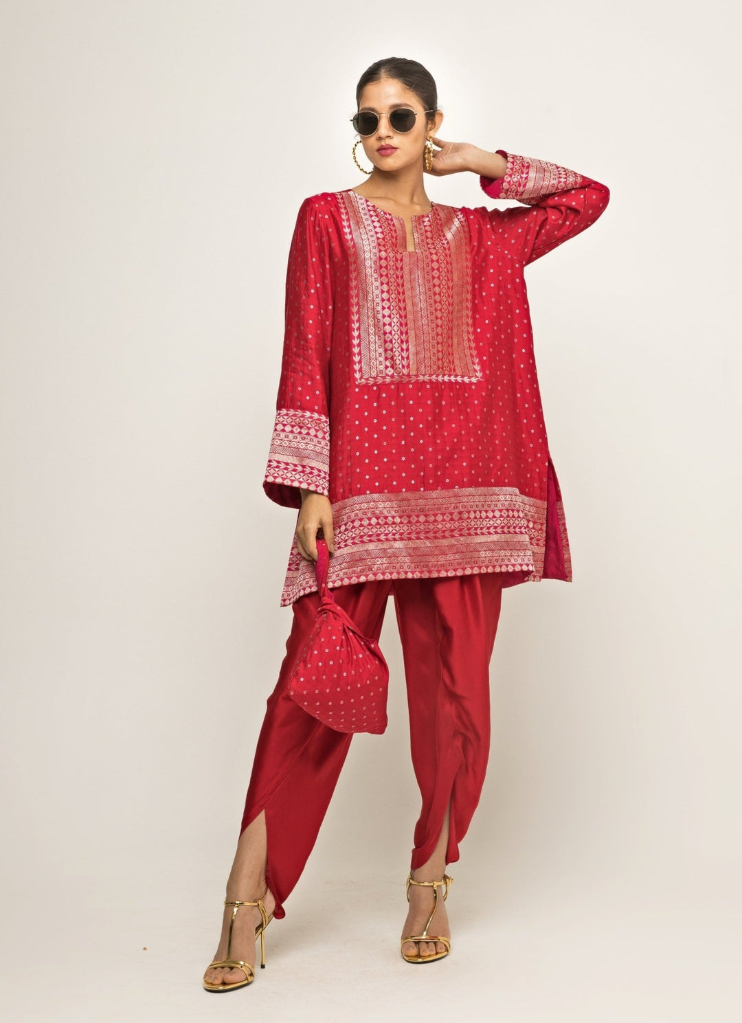 Red Banarasi Silk Kurta Dhoti Set Sobariko - Fabilicious Fashion