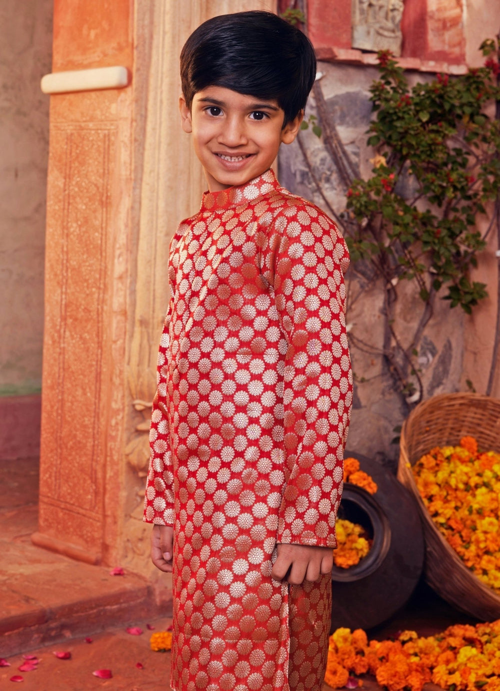 Chotibuti Red Banarasi Silk Kurta With White PantsFabilicious Fashion