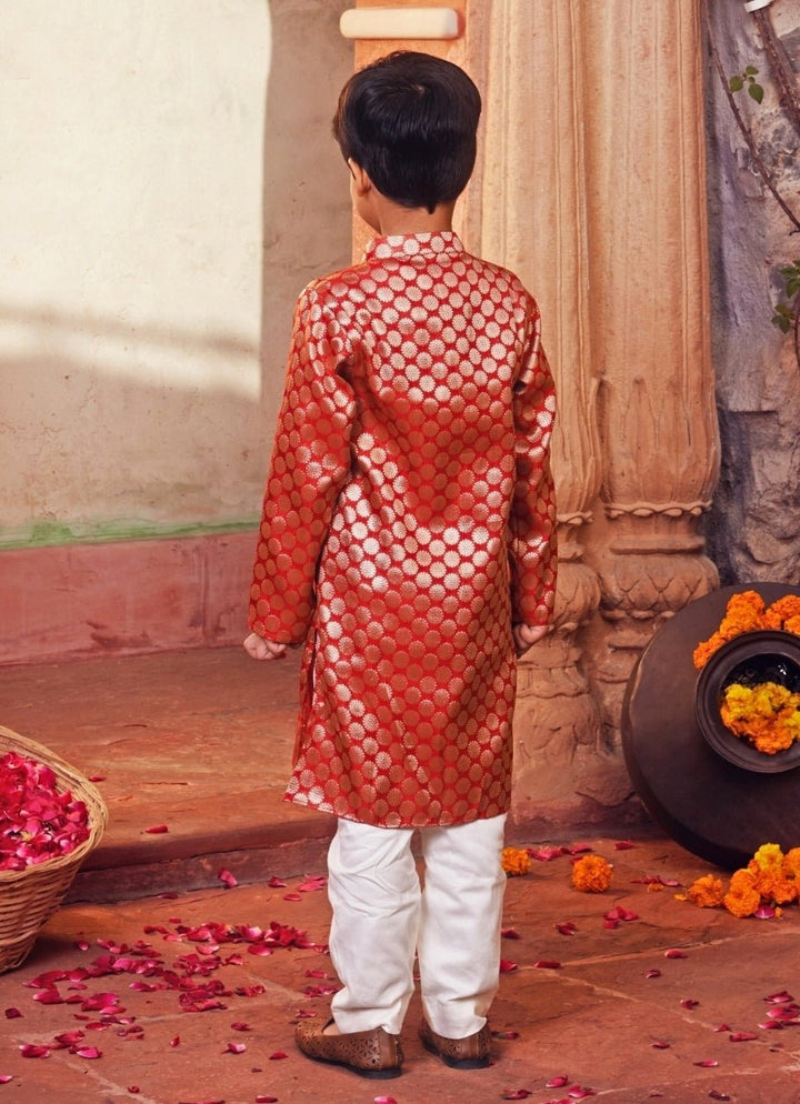 Chotibuti Red Banarasi Silk Kurta With White PantsFabilicious Fashion