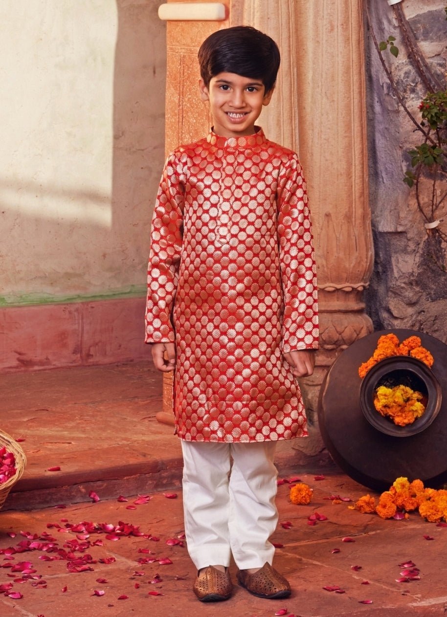 Chotibuti Red Banarasi Silk Kurta With White PantsFabilicious Fashion