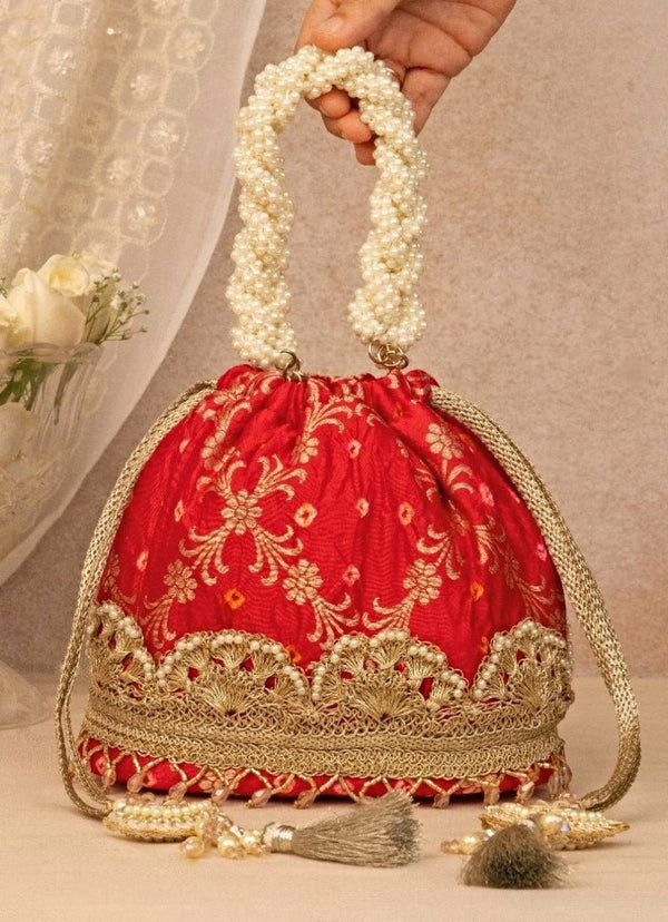 Red Bandhani Bucket Bag