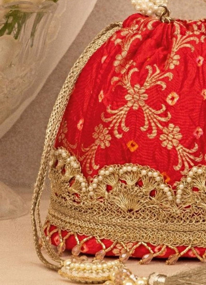 Red Bandhani Bucket Bag AMYRA - Fabilicious Fashion