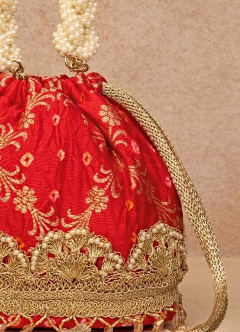 Red Bandhani Bucket Bag AMYRA - Fabilicious Fashion