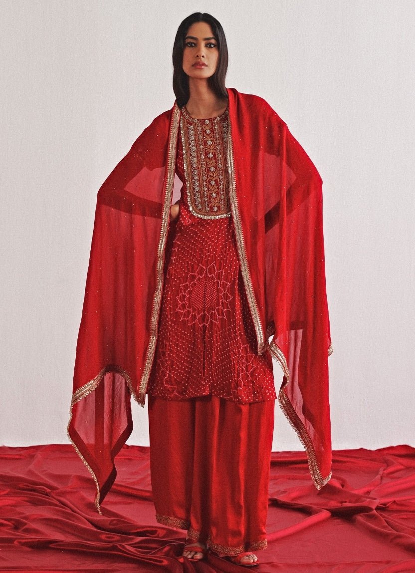 Red Bandhani Embroidered Kurta Palazzo Set Twenty Nine - Fabilicious Fashion