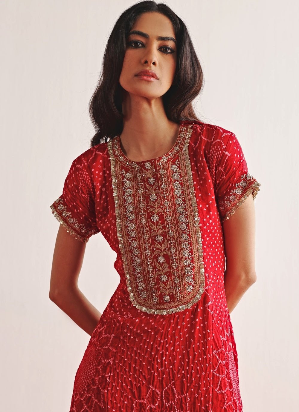 Red Bandhani Embroidered Kurta Palazzo Set Twenty Nine - Fabilicious Fashion