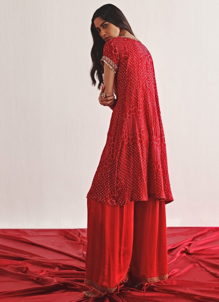 Red Bandhani Embroidered Kurta Palazzo Set Twenty Nine - Fabilicious Fashion