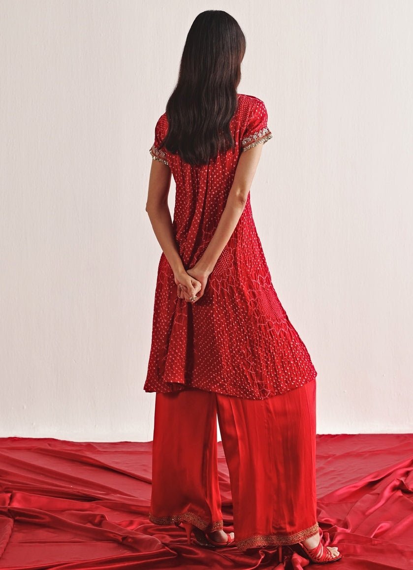 Red Bandhani Embroidered Kurta Palazzo Set Twenty Nine - Fabilicious Fashion