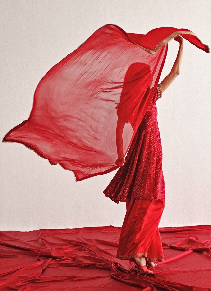 Red Bandhani Embroidered Kurta Palazzo Set Twenty Nine - Fabilicious Fashion