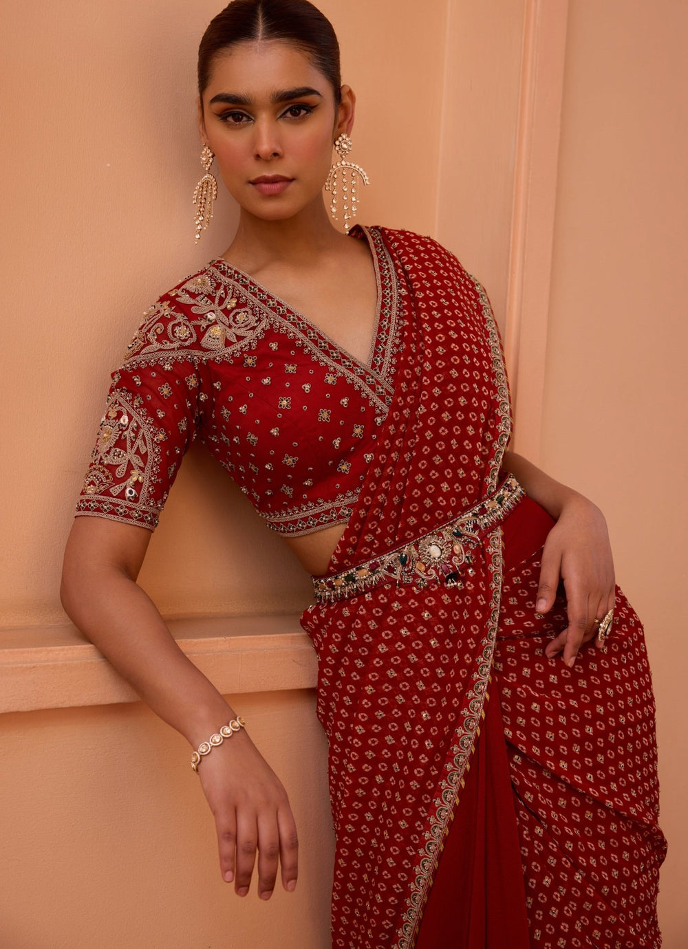 Red Bandhani Pre - Drape Saree Concept Set With Belt Isha Gupta Tayal - Fabilicious Fashion