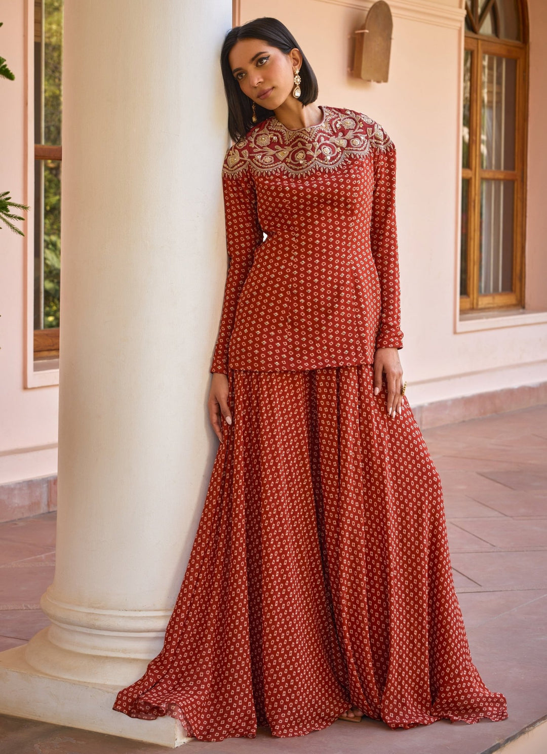 Red Bandhani Sharara Set With Ombre Dupatta Isha Gupta Tayal - Fabilicious Fashion