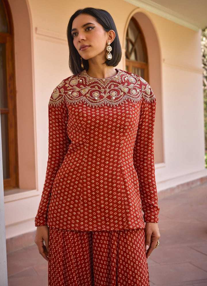Red Bandhani Sharara Set With Ombre Dupatta Isha Gupta Tayal - Fabilicious Fashion