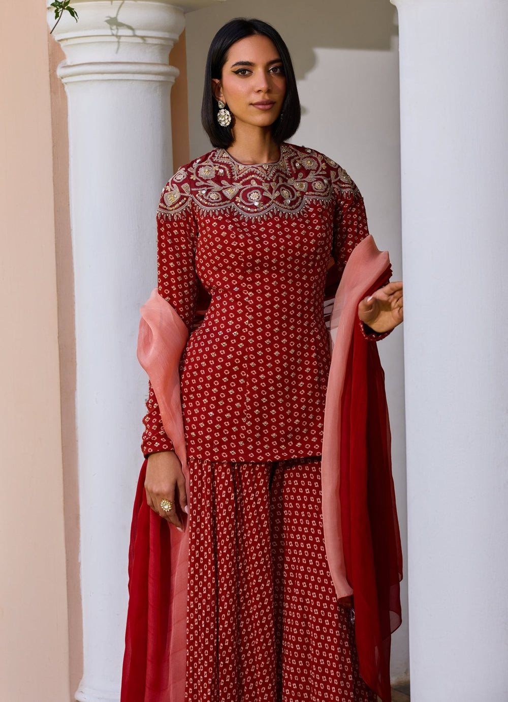 Red Bandhani Sharara Set With Ombre Dupatta Isha Gupta Tayal - Fabilicious Fashion