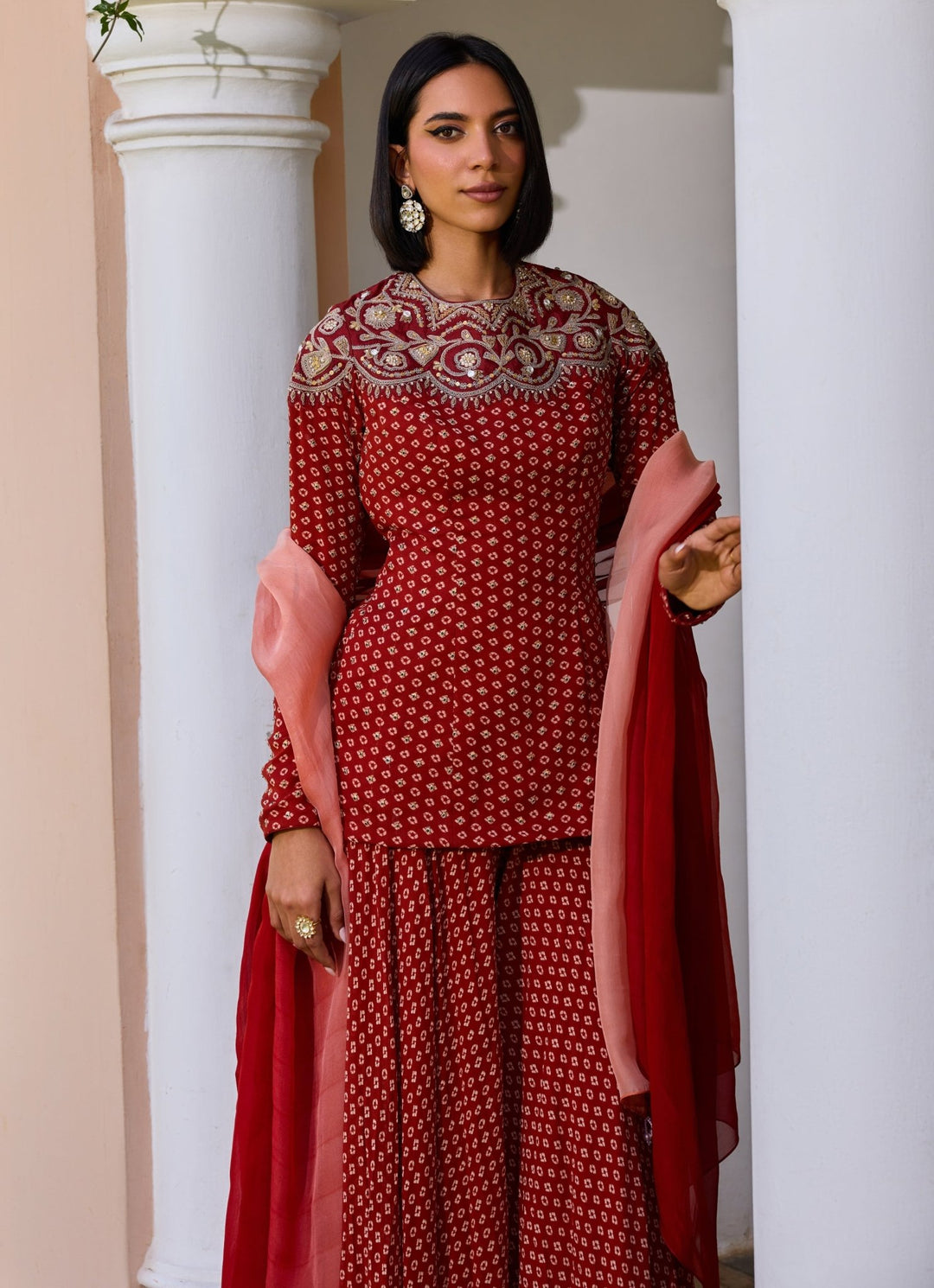 Red Bandhani Sharara Set With Ombre Dupatta Isha Gupta Tayal - Fabilicious Fashion