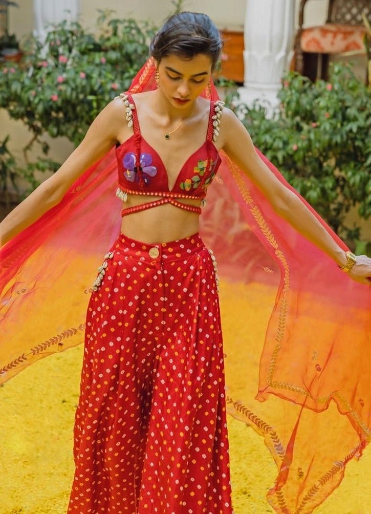 The Little Black Bow Red Bandhani Silk Pants SetFabilicious Fashion