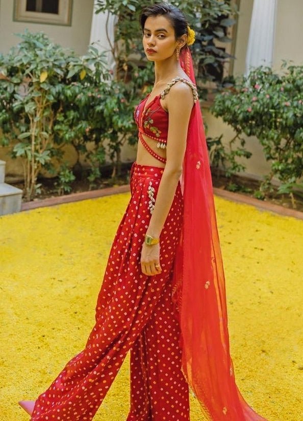 The Little Black Bow Red Bandhani Silk Pants SetFabilicious Fashion