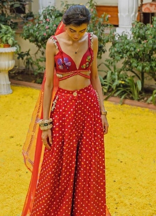 The Little Black Bow Red Bandhani Silk Pants SetFabilicious Fashion