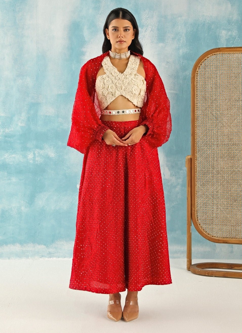 Twenty Nine Red Bandhani Skirt Set With Cuff CapeFabilicious Fashion