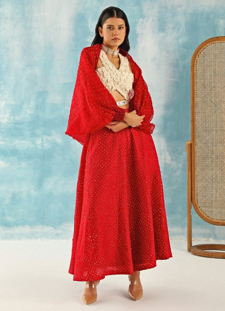 Twenty Nine Red Bandhani Skirt Set With Cuff CapeFabilicious Fashion