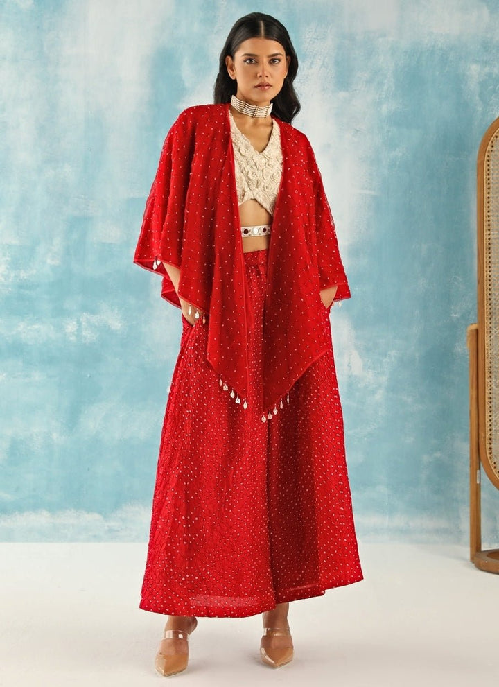 Twenty Nine Red Bandhani Skirt Set With Tassel CapeFabilicious Fashion