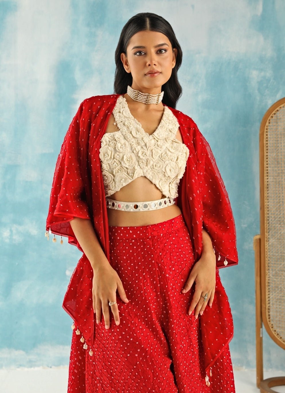 Twenty Nine Red Bandhani Skirt Set With Tassel CapeFabilicious Fashion