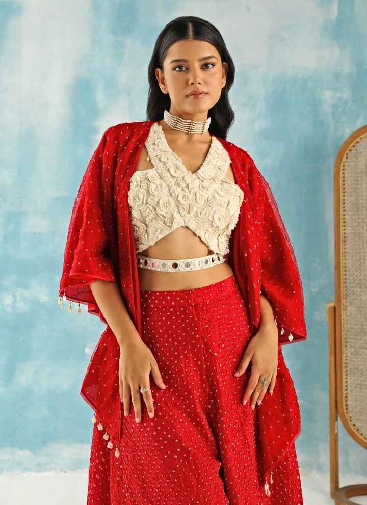 Twenty Nine Red Bandhani Skirt Set With Tassel CapeFabilicious Fashion