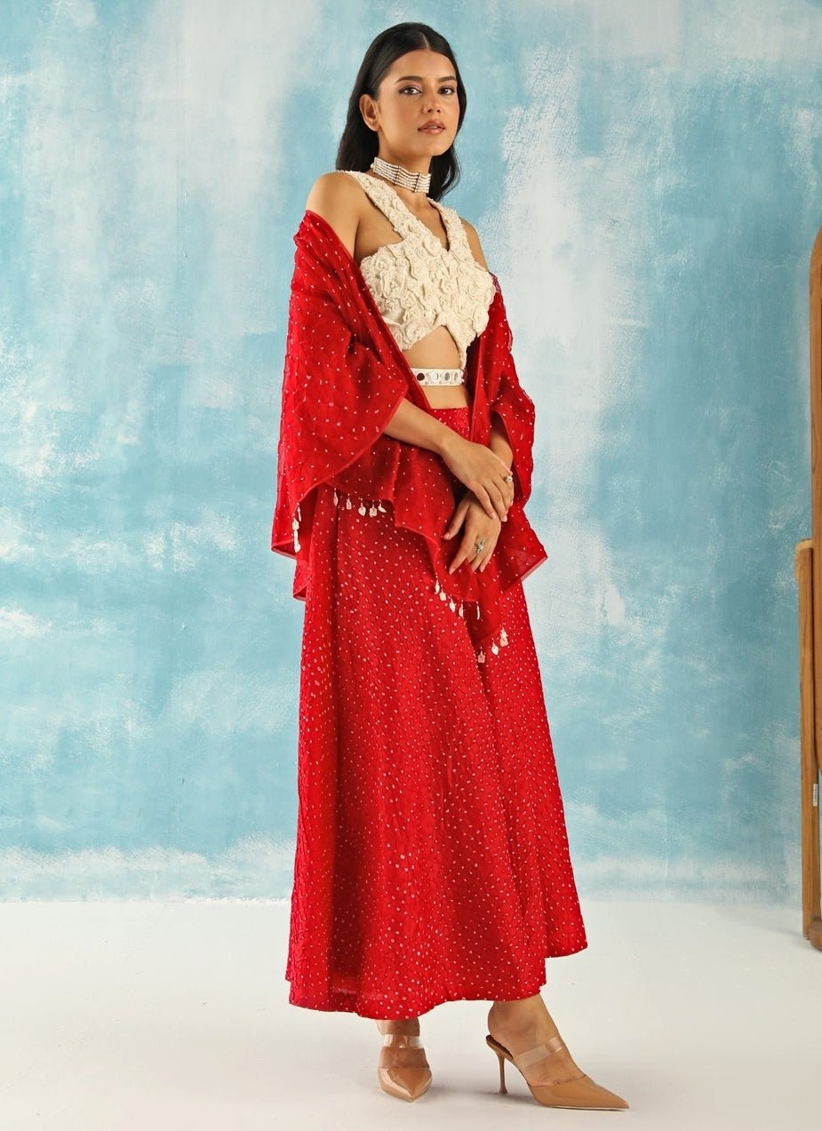 Twenty Nine Red Bandhani Skirt Set With Tassel CapeFabilicious Fashion