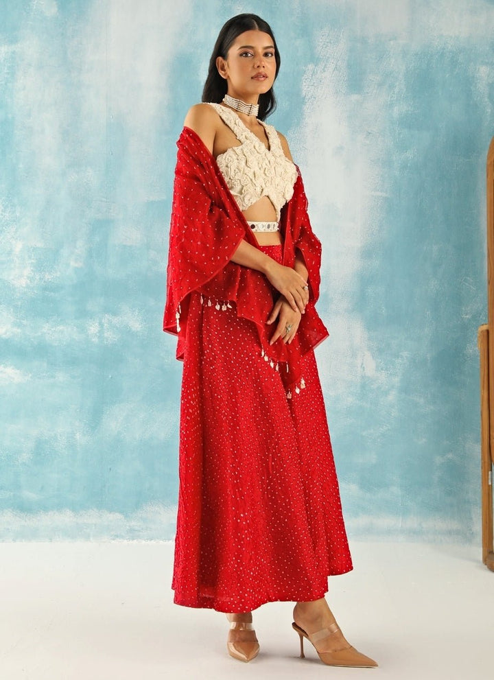 Twenty Nine Red Bandhani Skirt Set With Tassel CapeFabilicious Fashion