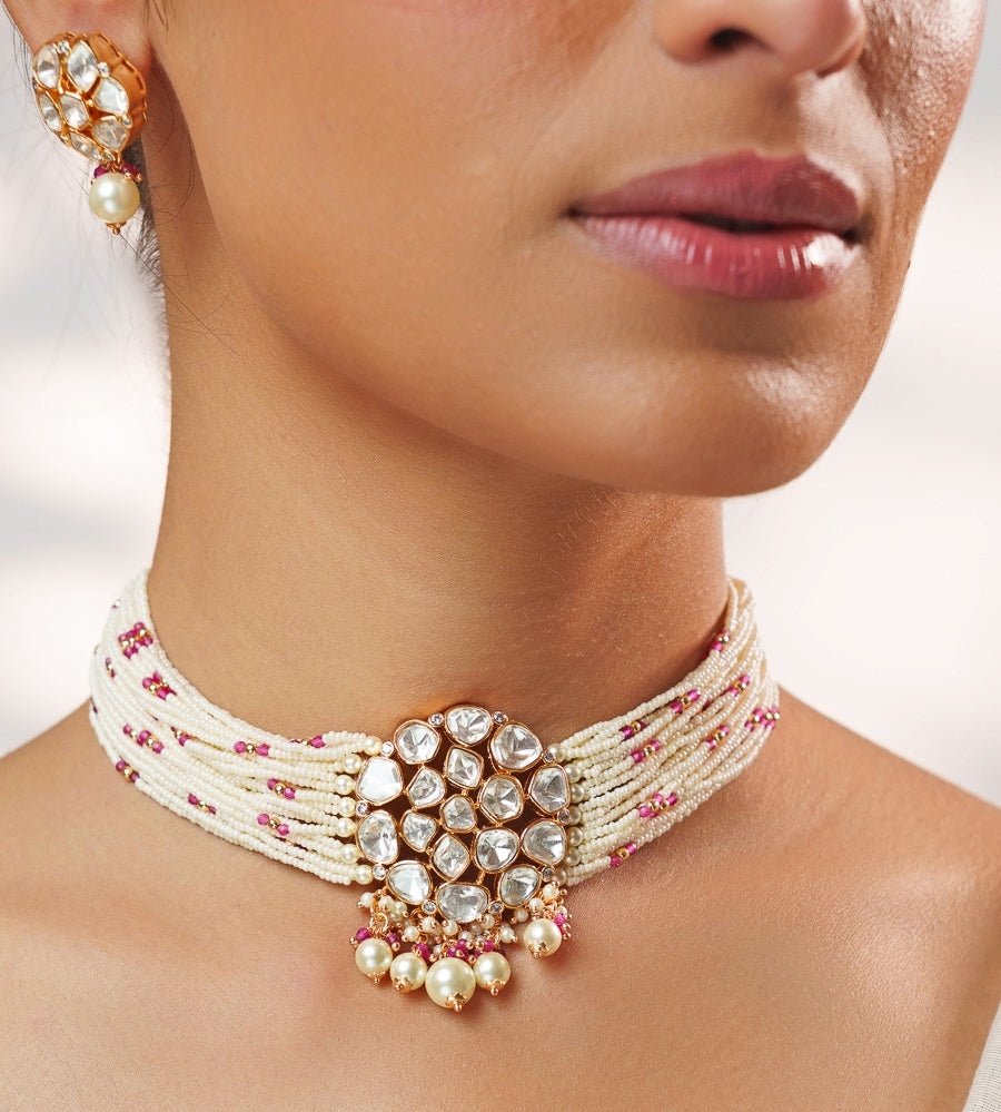 Red Beads And Polki Pearl Choker Set Zevar by Geeta - Fabilicious Fashion
