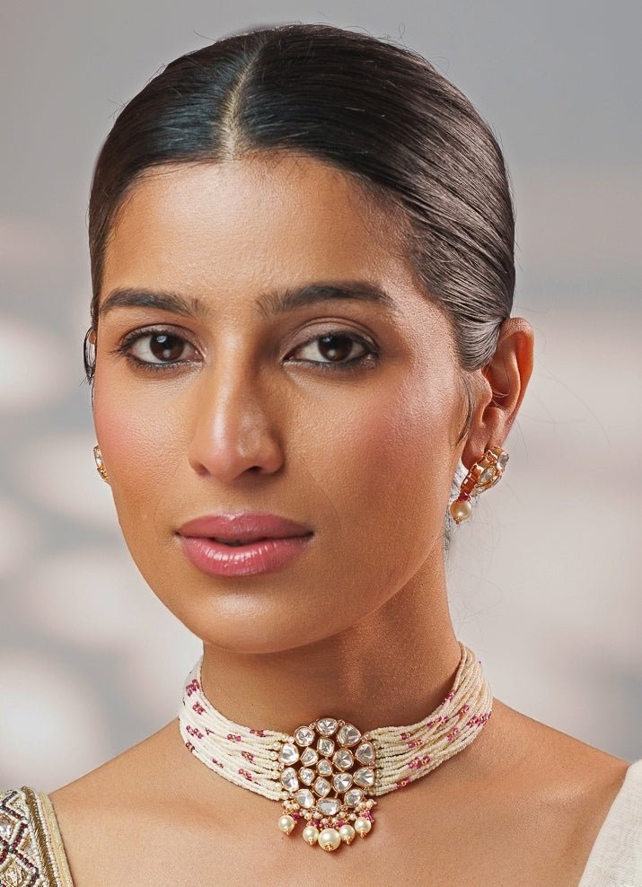 Red Beads And Polki Pearl Choker Set Zevar by Geeta - Fabilicious Fashion