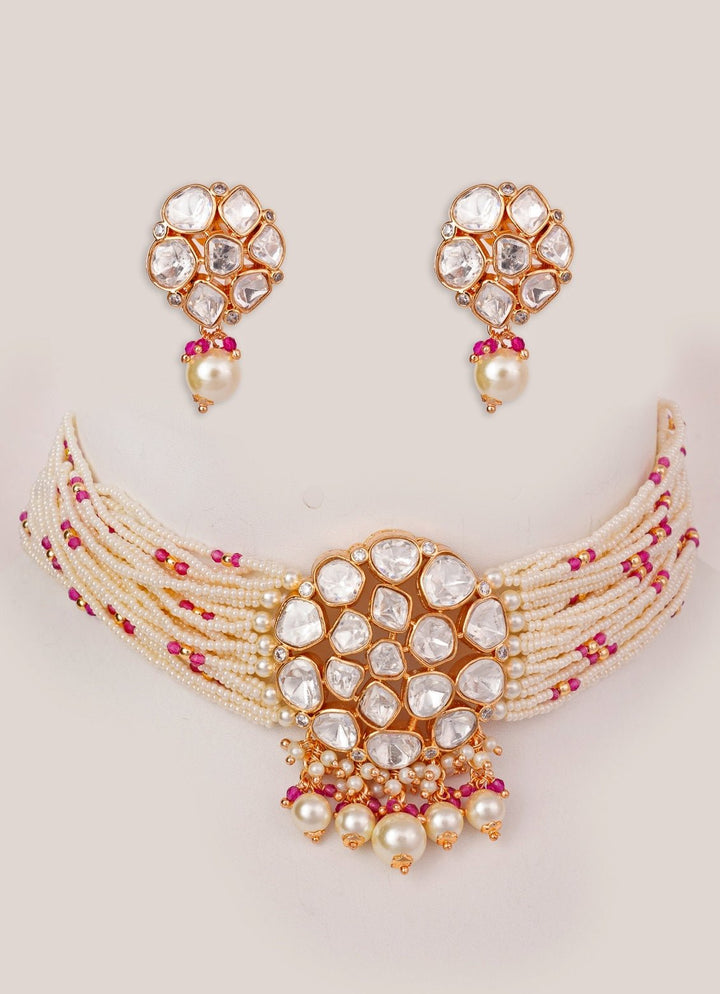 Red Beads And Polki Pearl Choker Set Zevar by Geeta - Fabilicious Fashion