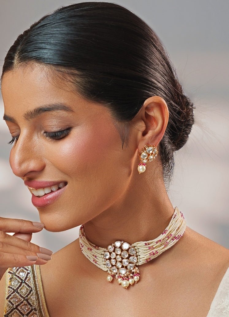 Red Beads And Polki Pearl Choker Set Zevar by Geeta - Fabilicious Fashion