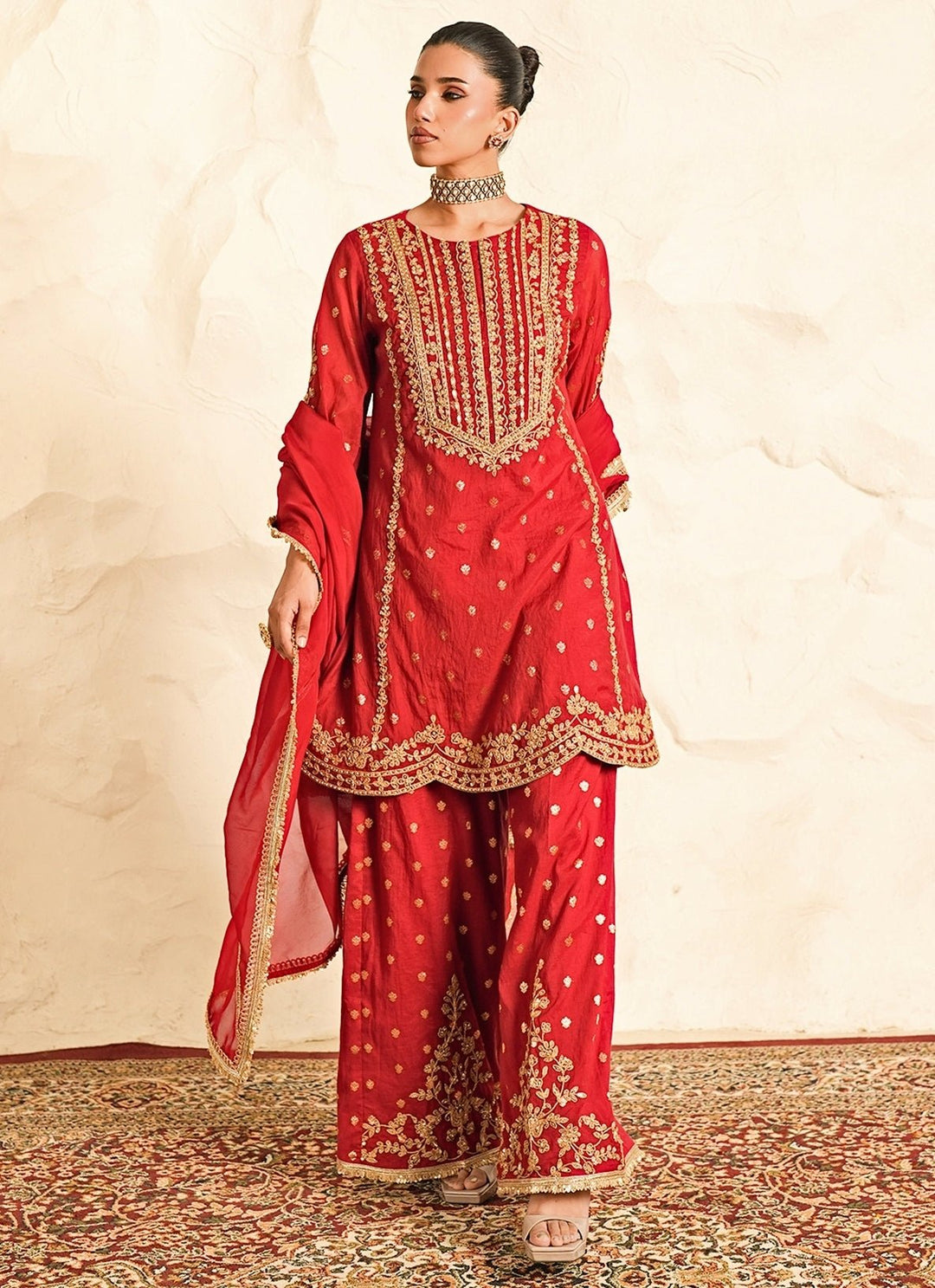 Nidhika Shekhar Red Booti Chanderi Kurta Sharara SetFabilicious Fashion