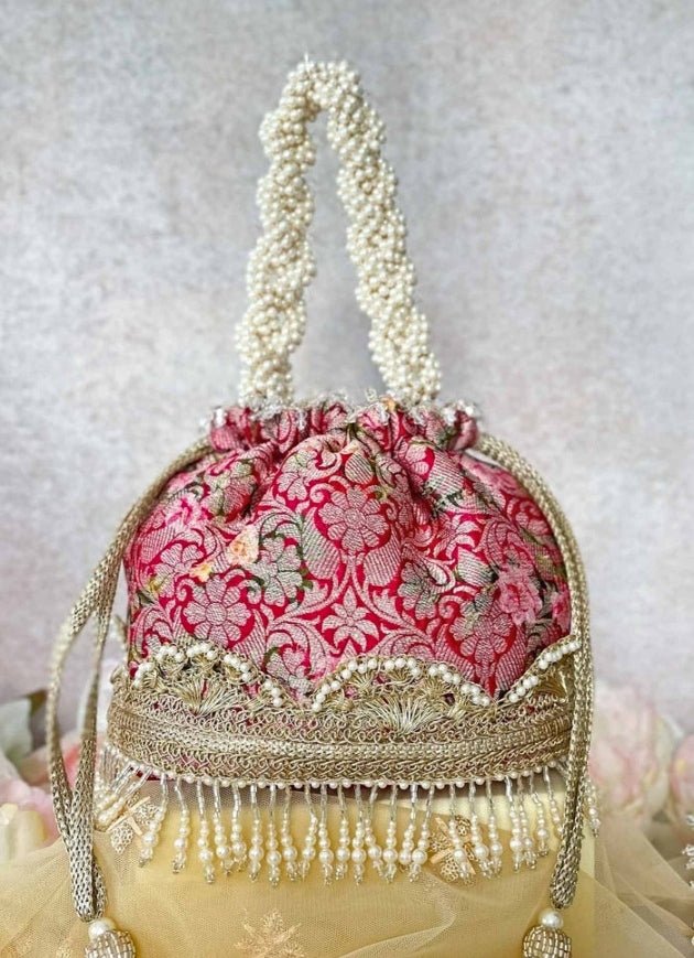 Red Brocade Bucket Bag AMYRA - Fabilicious Fashion