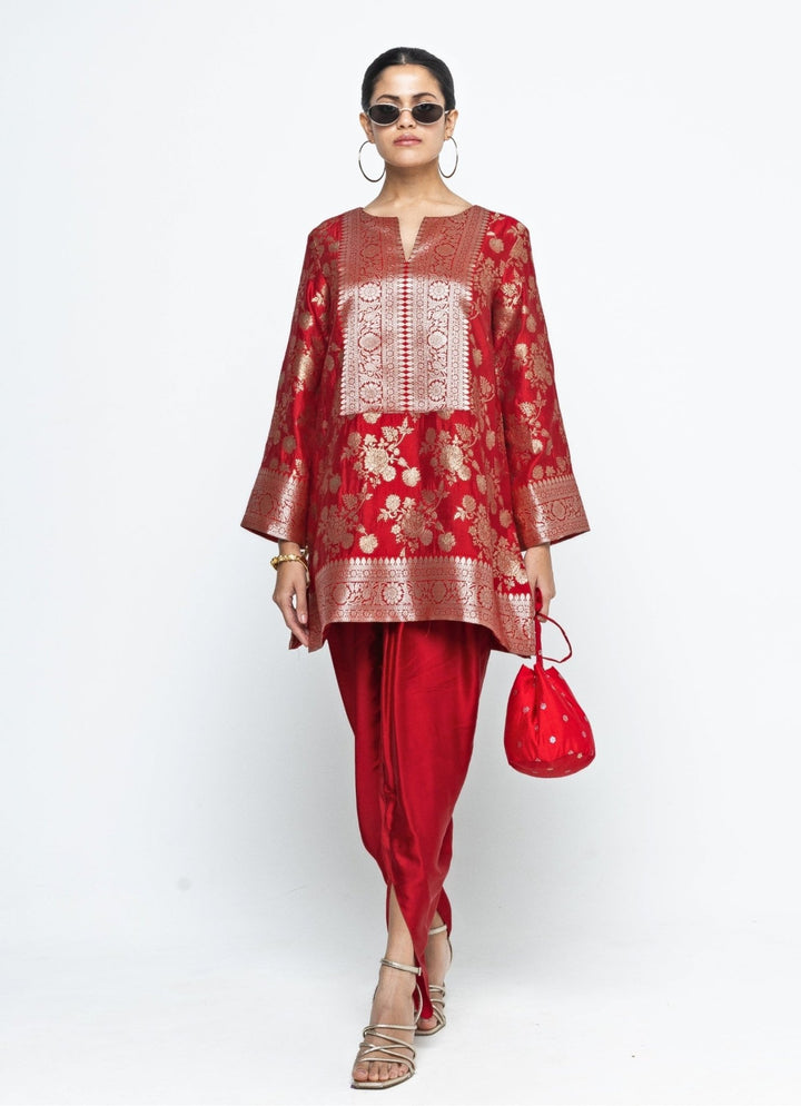 Red Brocade Floral Jaal Silk Kurta Dhoti Set Sobariko - Fabilicious Fashion